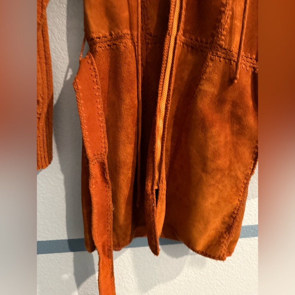 Vintage 1970s Terracotta Leather Suede Knit Crochet Hooded  Jacket Coat, Grunge - Picture 5 of 14